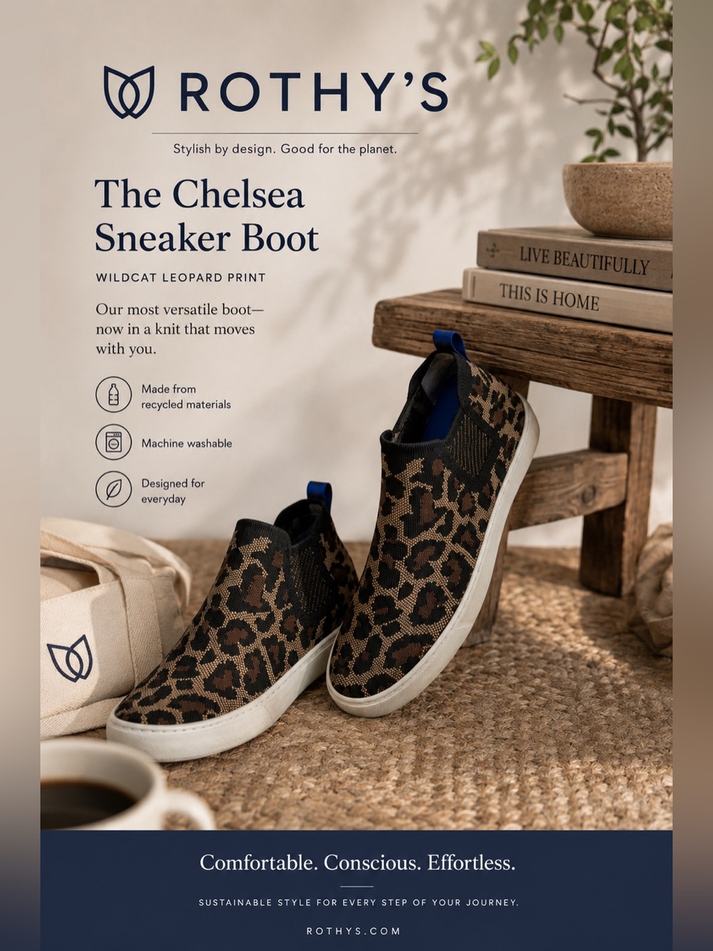 Rothy's The Chelsea Sneaker Boot Wildcat Leopard Print Knit Slip-On Shoes 7.5